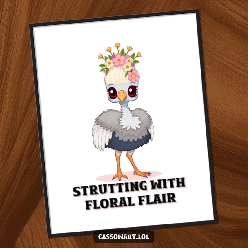 Funny Free Printable Wall Art: A proud cassowary wearing a tiny floral crown struts with regal magnificence for your wall.