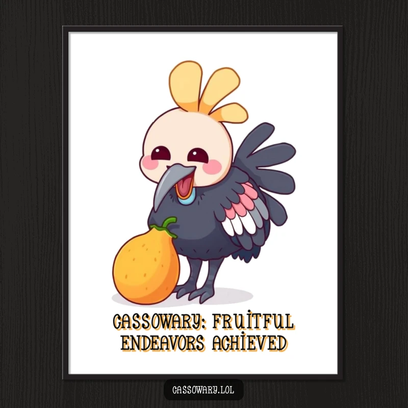 Funny Free Printable Wall Art: A kawaii cassowary joyfully pecks at a small, colorful fruit, bringing vibrant energy.
