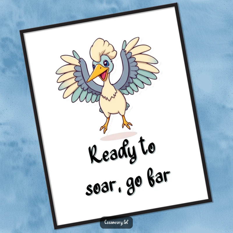 Funny free printable wall art: Cassowary in full leap, wings spread wide, captured in a moment of dynamic action.