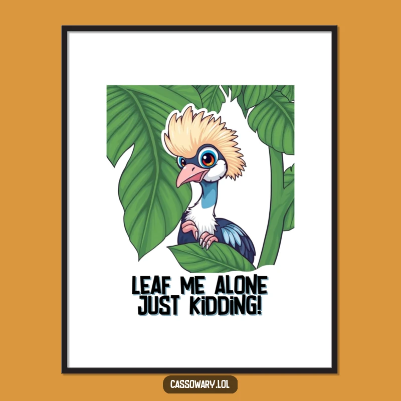 Funny Free Printable Wall Art: Cassowary Peeking from Tropical Leaves, Whimsical Downloadable Decor