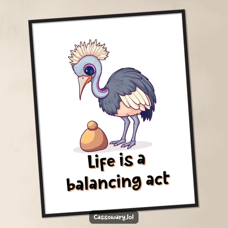 Funny free printable wall art: A cassowary is captured mid-attempt, balancing a tiny, colorful pebble with great concentration.