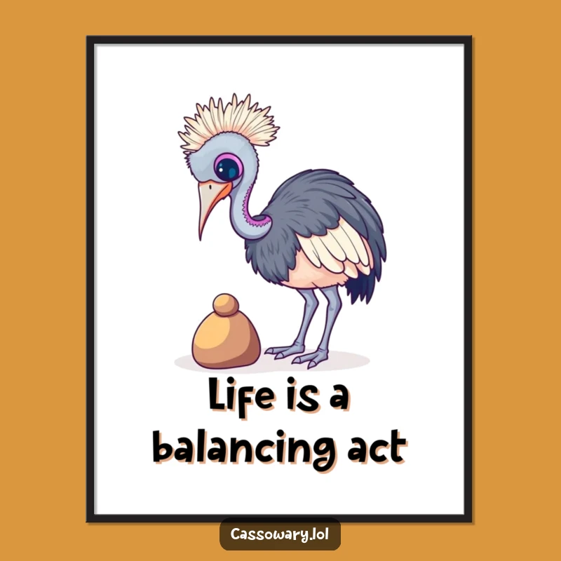 Funny Free Printable Wall Art: Cassowary Balancing Pebble, Quirky Downloadable Decor