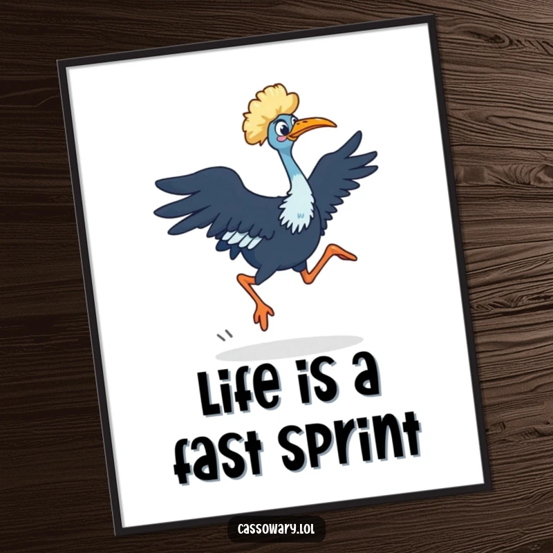 Funny Free Printable Wall Art depicting a cassowary in a surprising, quick dash using its powerful legs.