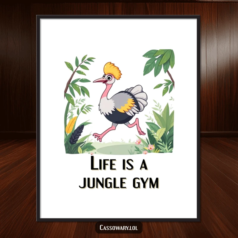 Funny Free Printable Wall Art of a cassowary joyfully racing through foliage, energetic and quirky downloadable art.