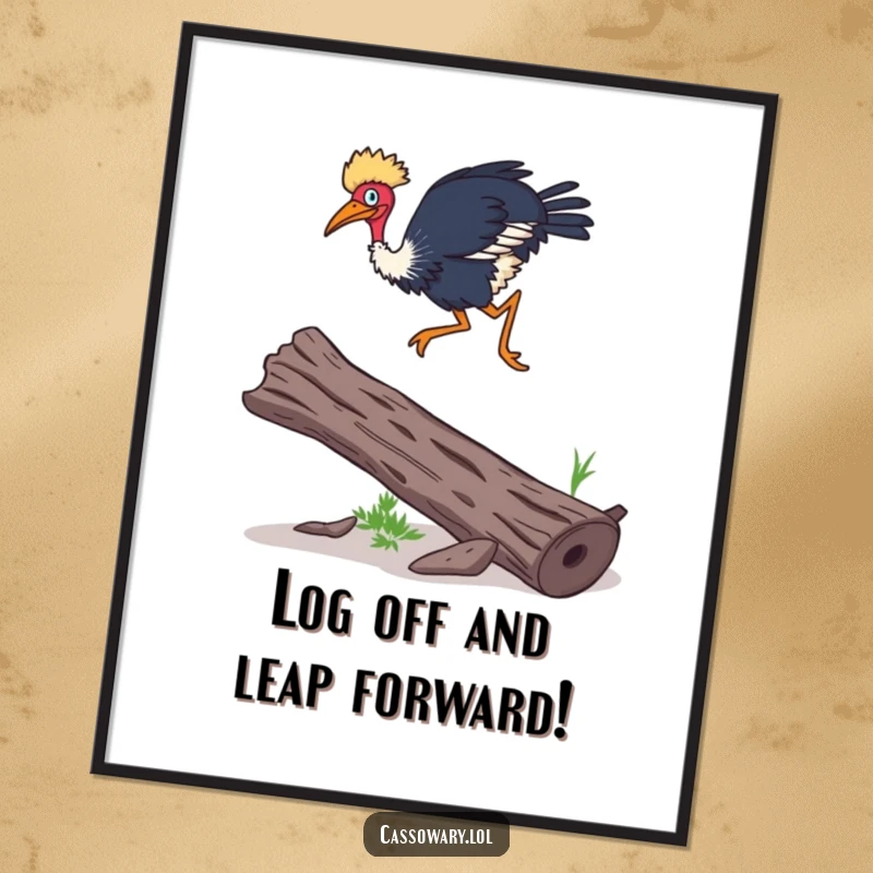 Funny Free Printable Wall Art: A cassowary demonstrates impressive agility by leaping over a fallen log.