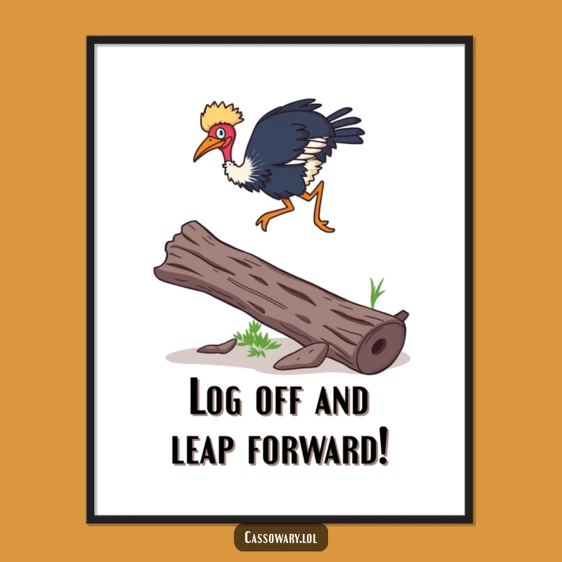 Funny Free Printable Wall Art: Cassowary Log Leap Agility, Downloadable Quirky Decor
