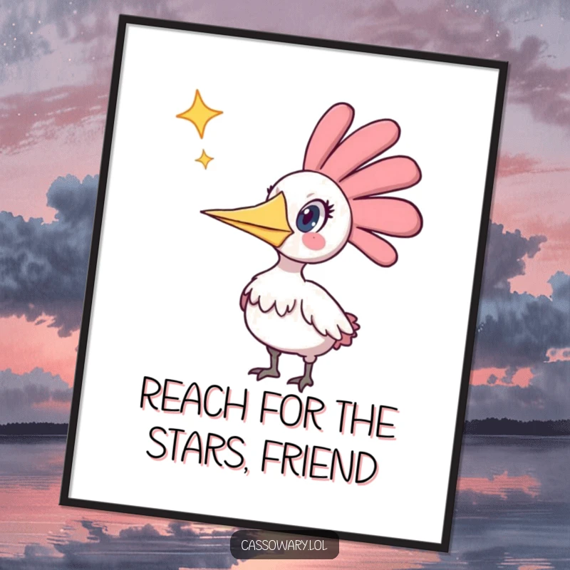 Funny free printable wall art: Cassowary stares up, eyes wide with shock, at a brilliantly falling star.