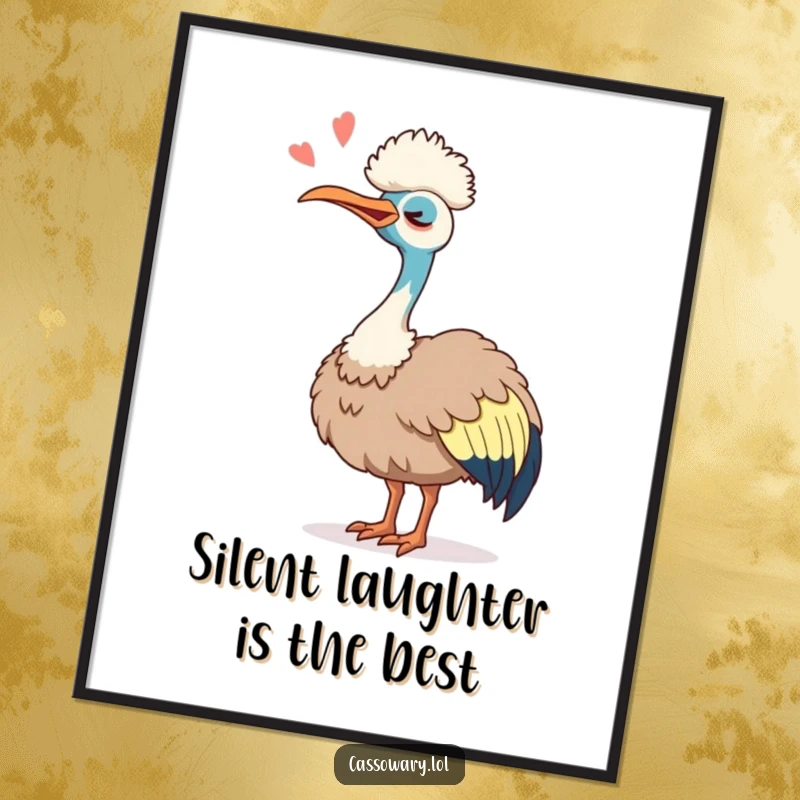 Funny Free Printable Cassowary Wall Art, head tilted back in silent joyous laughter, whimsical decor.