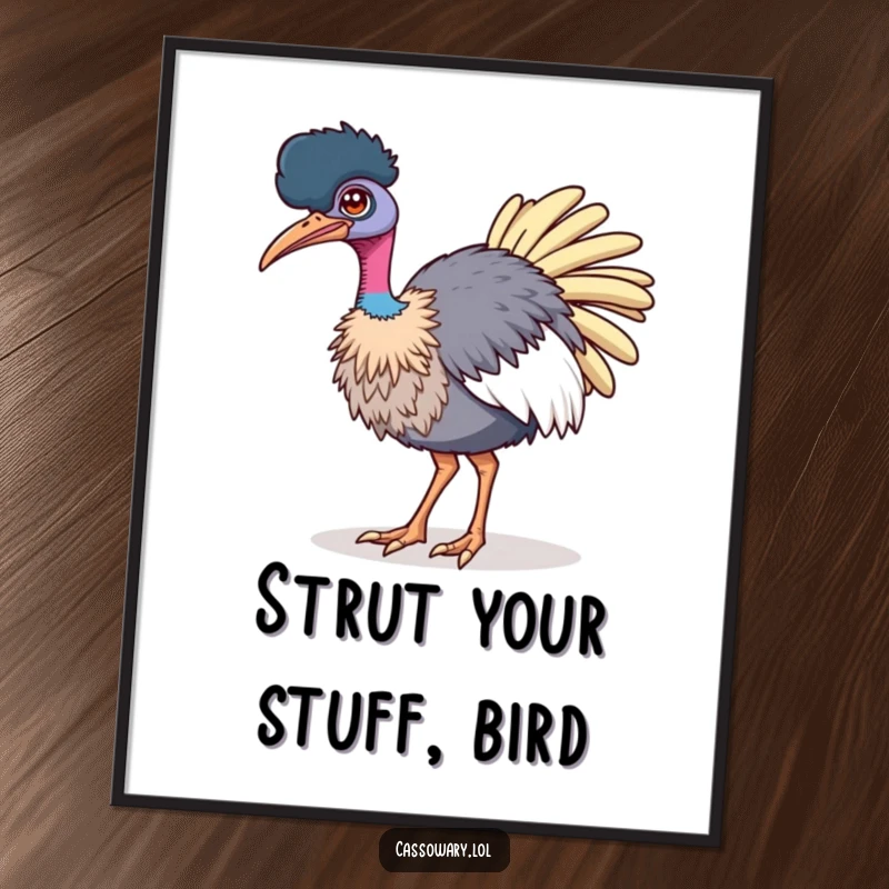 Funny Free Printable Winking Cassowary Wall Art: Bird winking and strutting confidently, adding bold humor to decor.