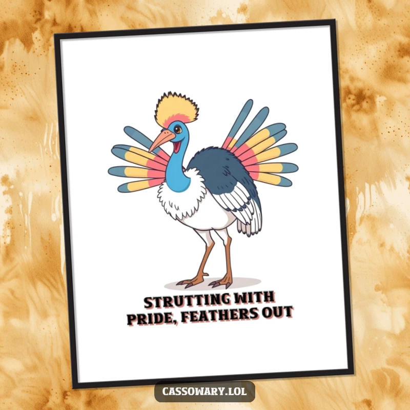Funny Free Printable Wall Art: A cassowary in a proud strut, its colorful neck feathers displayed majestically, ready for your wall.