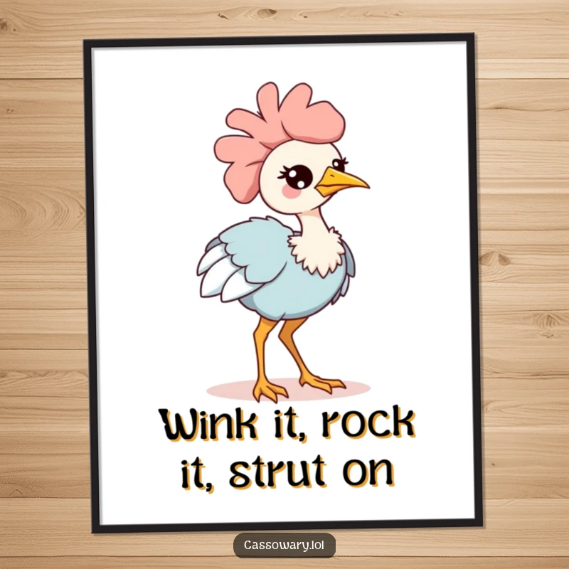 Cute Free Printable Kawaii Cassowary Wall Art, a winking bird strutting confidently, perfect for stylish DIY decor.