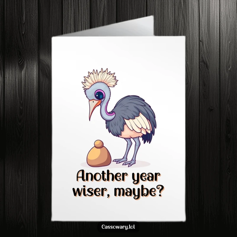 Funny free printable birthday card: A cassowary precariously balances a tiny, colorful pebble on its beak with a focused expression.