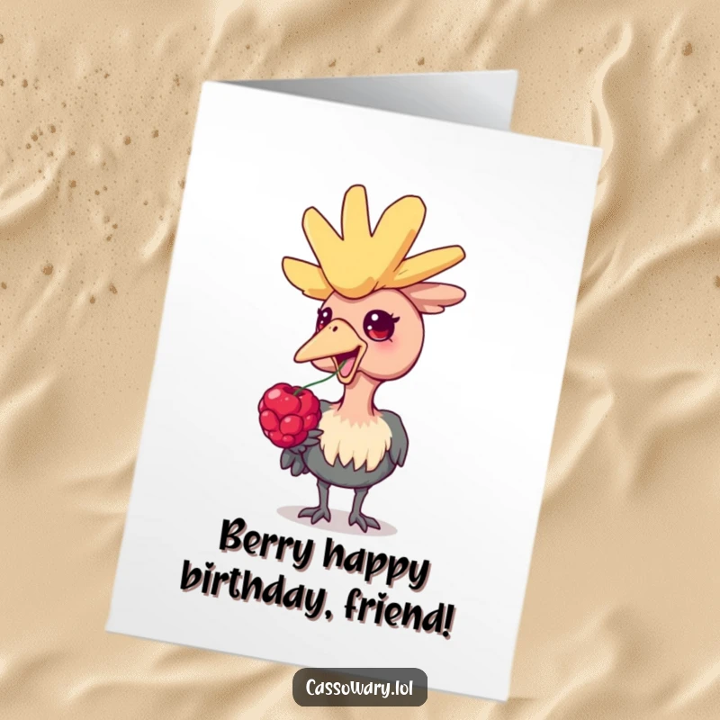 Funny Free Printable Cassowary Birthday Card, a happy bird enjoying a juicy berry, ideal for a downloadable DIY gift.
