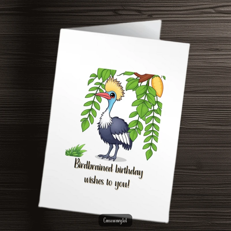 Funny Free Printable Birthday Card featuring a curious cassowary tilting its head at a vine, ready to deliver a laugh.