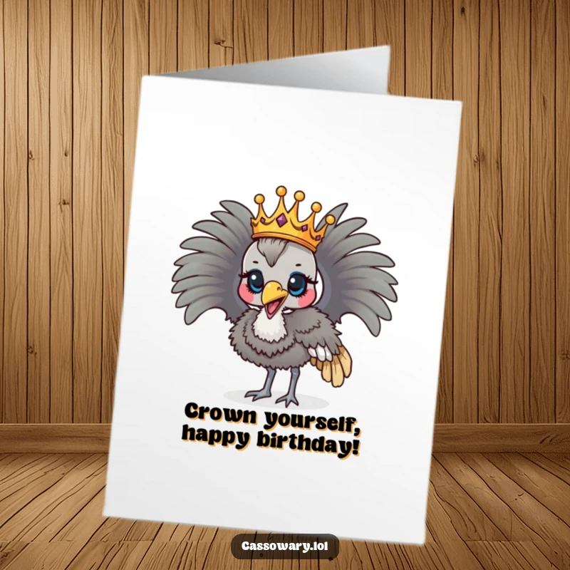 Funny Free Printable Birthday Card: A cassowary adorned with a crown proudly parading.