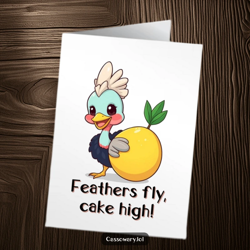 Funny free printable birthday card: A cheerful cassowary with a huge smile playfully pushing a giant piece of fruit.