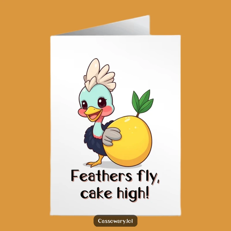 Funny Free Printable Birthday Card: Smiling Cassowary Nudging Fruit, Downloadable Gift