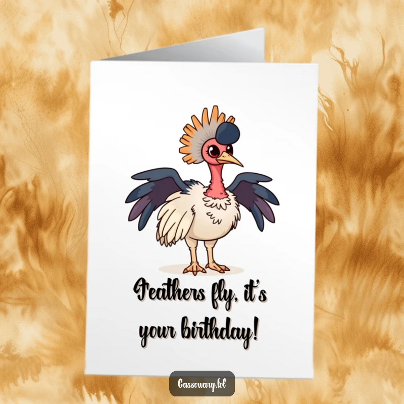 Funny Free Printable Birthday Card featuring a proud cassowary striking a majestic pose, showcasing its vibrant neck feathers.
