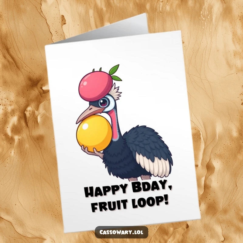 Funny Free Printable Birthday Card: A cassowary precariously balances a large, juicy fruit on its head.