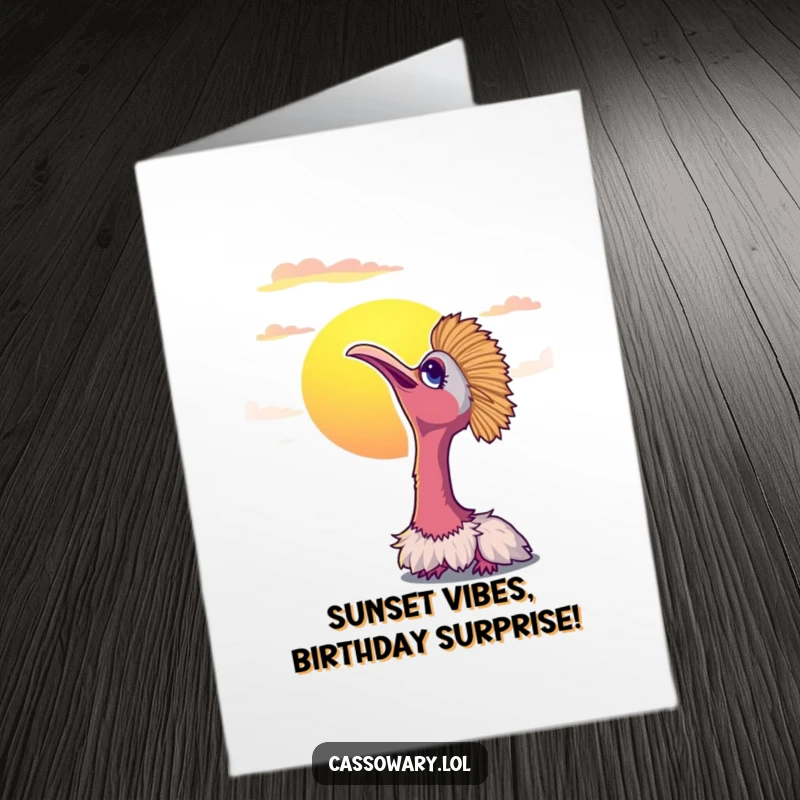 Funny Free Printable Birthday Card showing a cassowary gazing contentedly at a vibrant sunset, a moment of birdy bliss.