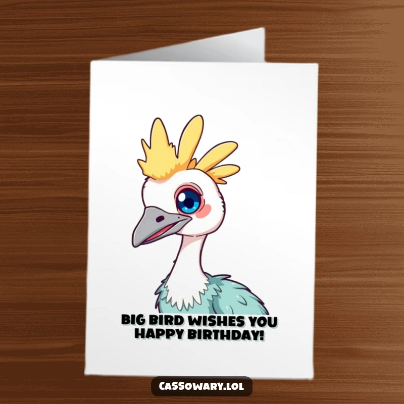 Funny Free Printable Birthday Card: A curious kawaii cassowary tilts its head, showing a bright, engaging eye.