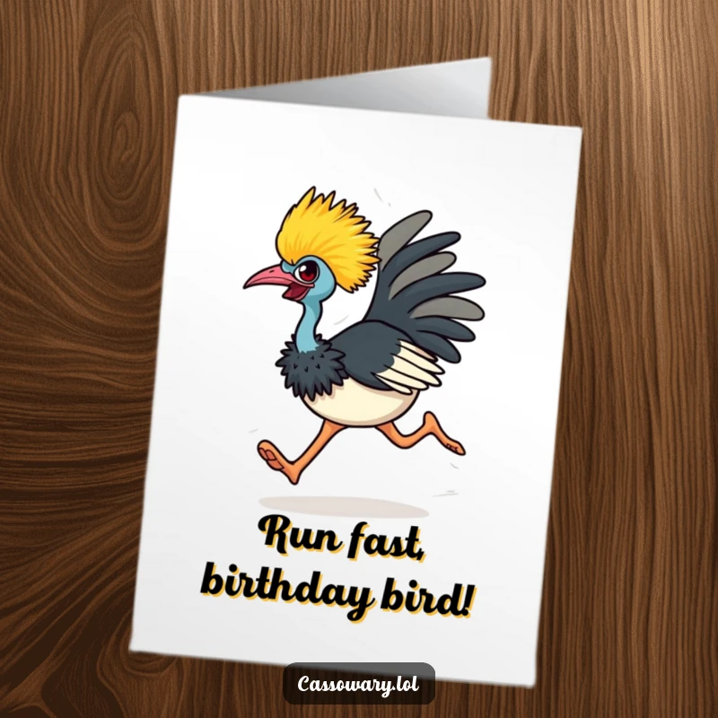 Funny Free Printable Birthday Card: A determined cassowary sprints with wild energy, ready to deliver birthday cheer.