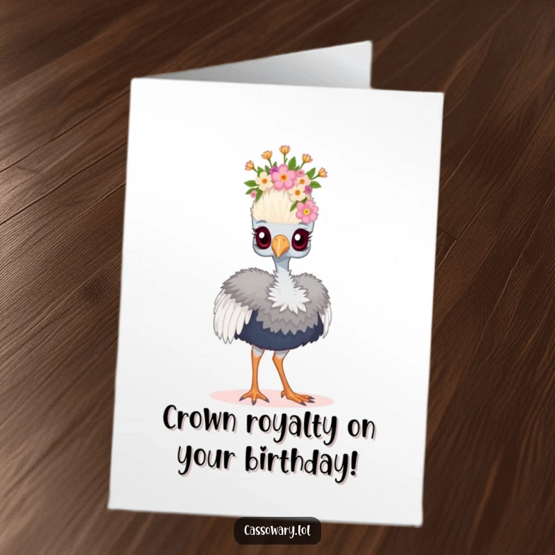 Funny Free Printable Birthday Card: A cassowary wearing a tiny floral crown proudly struts, ready for birthday festivities.