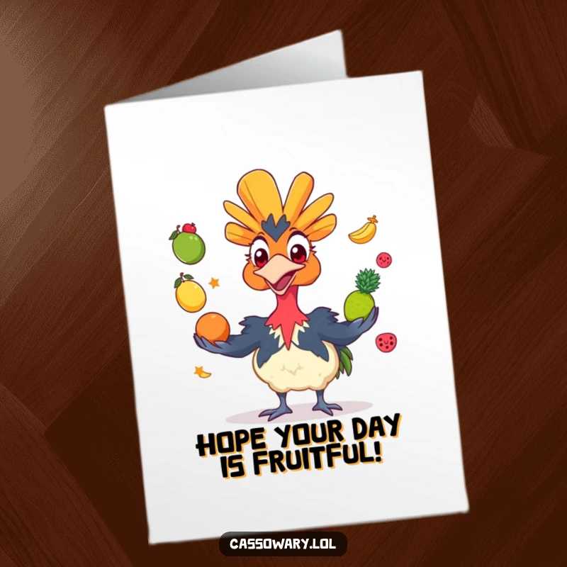 Funny Free Printable Birthday Card: Grinning cassowary juggling colorful fruit, a vibrant and humorous celebration.