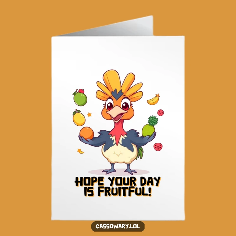 Free Printable Birthday Card: Juggling Cassowary - Funny Fruit Fiesta Downloadable Gift