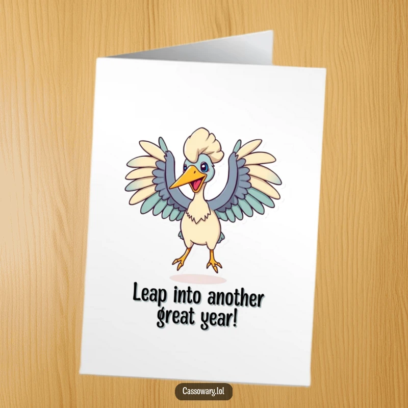 Funny free printable birthday card: Cassowary poised mid-air, wings wide, preparing for a powerful leap.