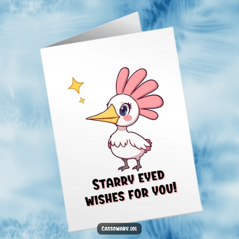 Funny free printable birthday card: Cassowary with wide eyes, beak open, surprised by a falling star above.