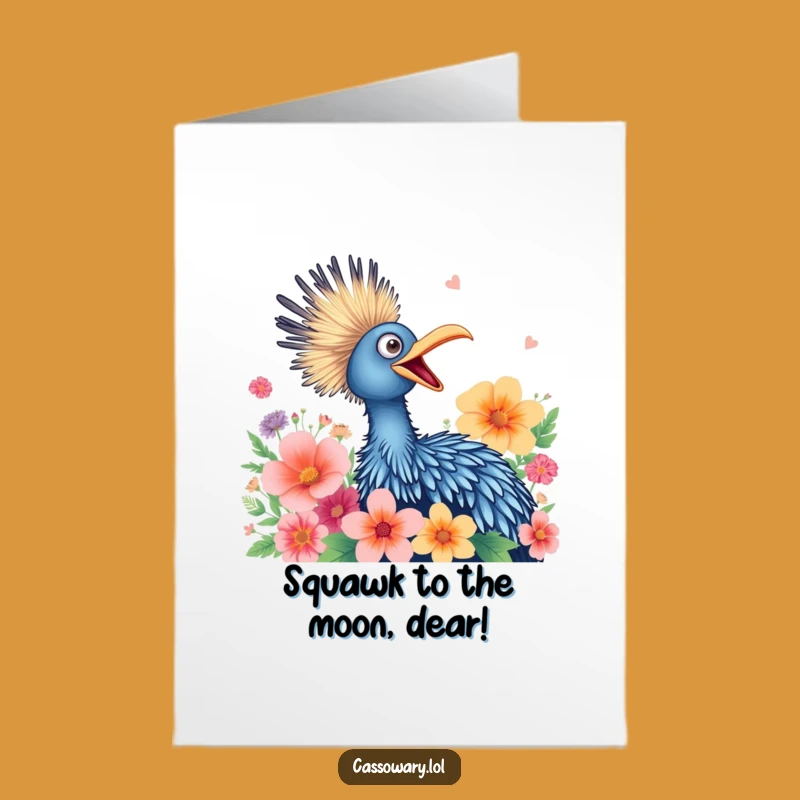 Free Printable Cassowary Birthday Card: Joyful Squawk & Flowers, Funny Downloadable Gift