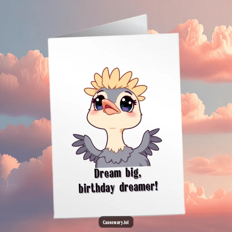 Funny Free Printable Birthday Card: A kawaii cassowary gazes skyward with wide, curious eyes, dreaming of birthday magic.