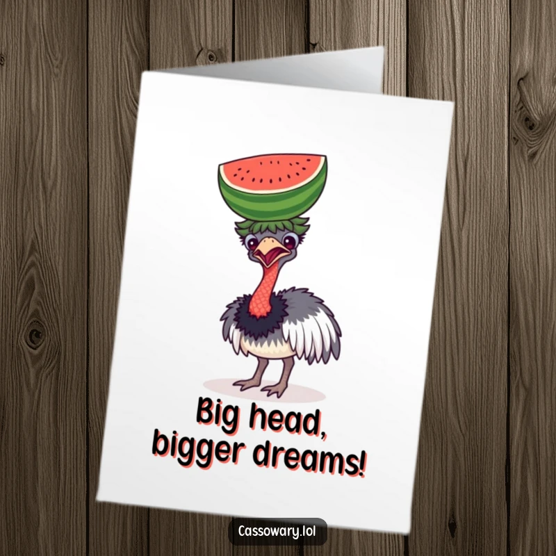Funny free printable birthday card shows a clumsy cassowary hilariously failing to balance a giant watermelon on its head.