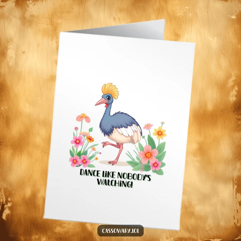 Funny free printable birthday card: A cassowary is joyfully doing a little happy dance surrounded by vibrant, colorful flowers.