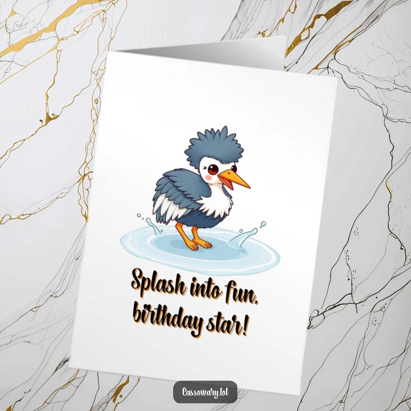 Funny Free Printable Birthday Card: Kawaii cassowary gleefully splashing water, bringing joy and humor to your special day.