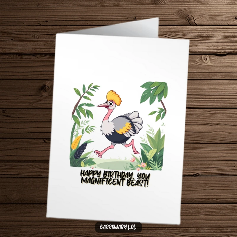 Funny Free Printable Birthday Card showing an energetic cassowary joyfully racing through lush foliage, a dynamic downloadable greeting.