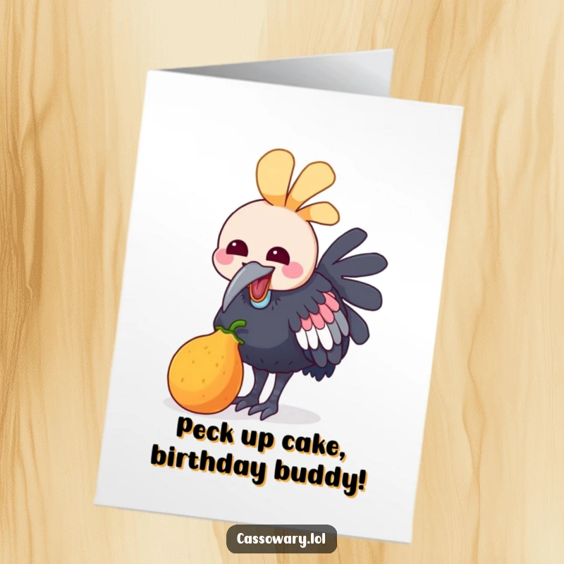 Funny Free Printable Birthday Card: A kawaii cassowary joyfully pecks at a colorful fruit, celebrating your birthday with delight.
