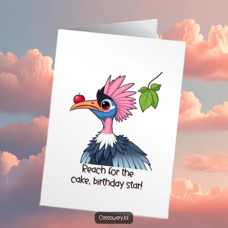 Funny Free Printable Birthday Card: Cassowary stretching its neck to reach a juicy berry, a symbol of ambition.