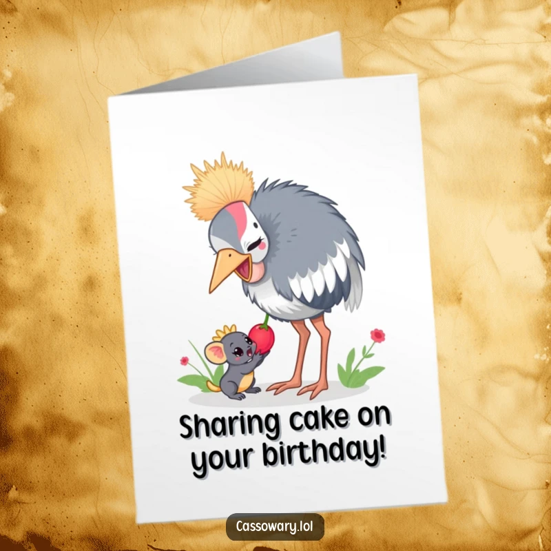 Funny Free Printable Birthday Card: A cassowary playfully sharing a juicy berry with a small, happy jungle creature.