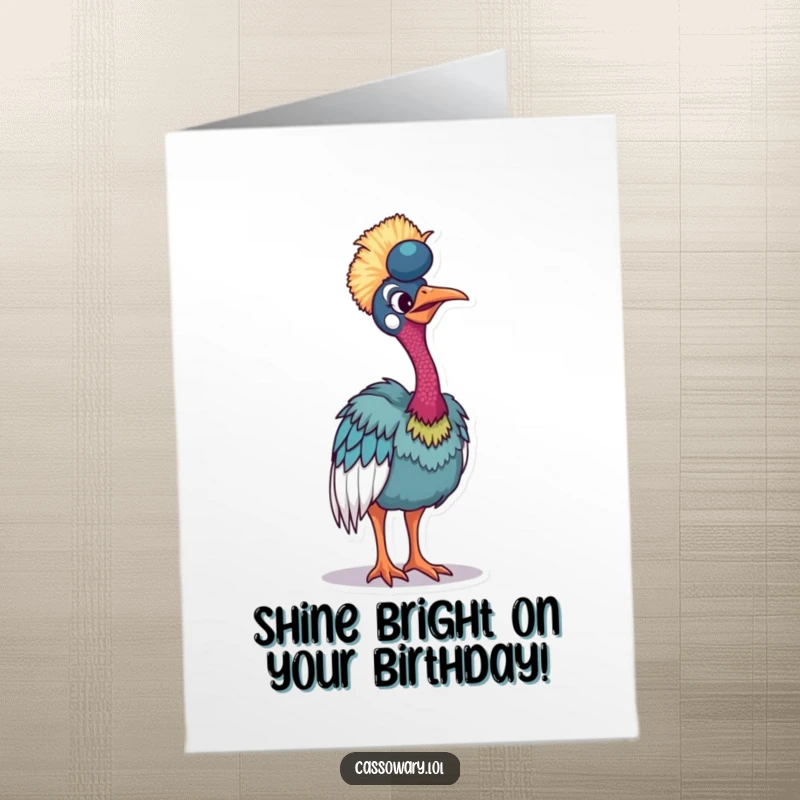 Funny Free Printable Birthday Card: A cassowary poses stylishly, tilting to show off its incredibly vibrant plumage.