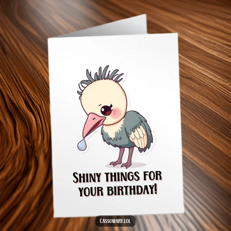 Funny Free Printable Cassowary Birthday Card, gently nudging a shiny object, curious discovery, delightful DIY.