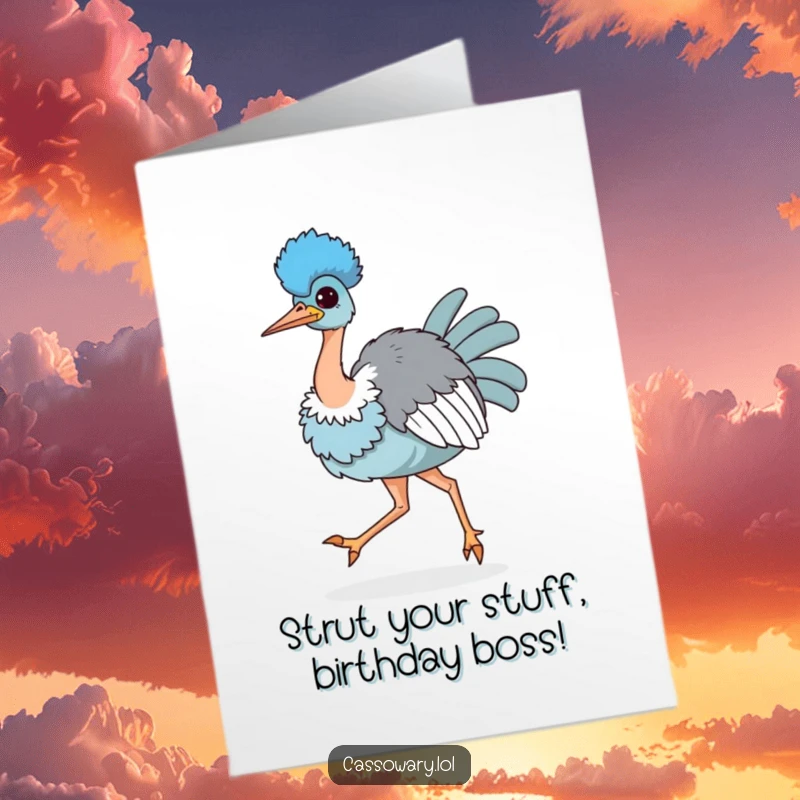 Funny Free Printable Birthday Card: A proud kawaii cassowary struts confidently, puffed-up and ready for birthday fun.