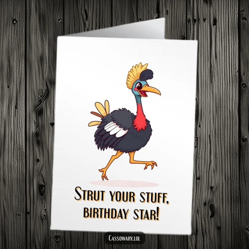 Funny Free Printable Birthday Card: Cassowary with bright beak strutting comically, spreading joy, perfect downloadable gift.