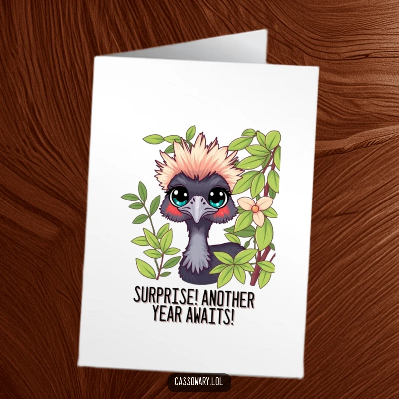Funny free printable birthday card: A cassowary with wide, curious eyes peeks playfully from behind lush green foliage.