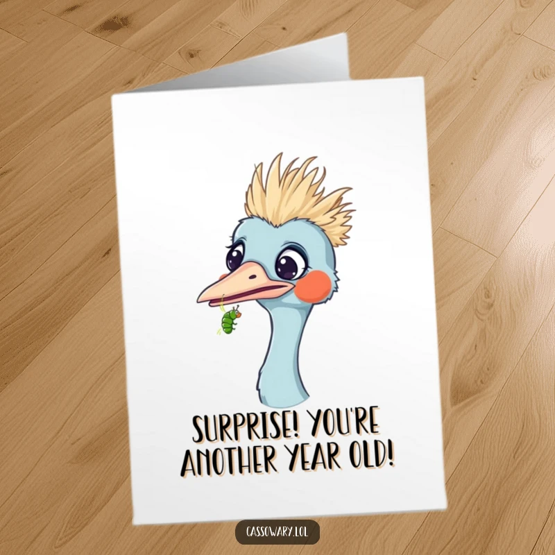 Funny free printable birthday card shows a cassowary looking utterly surprised as a tiny caterpillar slowly crawls onto its beak.