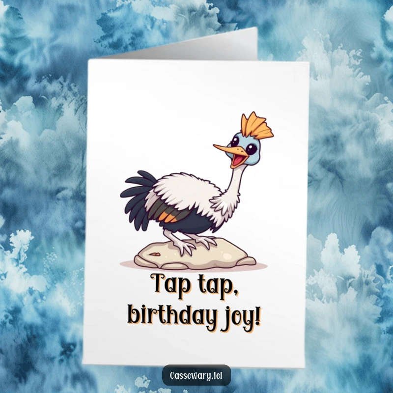 Funny Free Printable Birthday Card: Joyful Cassowary Tapping Beak on Stone, Celebrating Happily