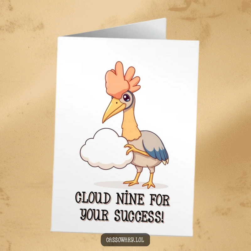 Funny free printable congratulations card: Cassowary curiously reaches out a claw to feel a fluffy cloud.