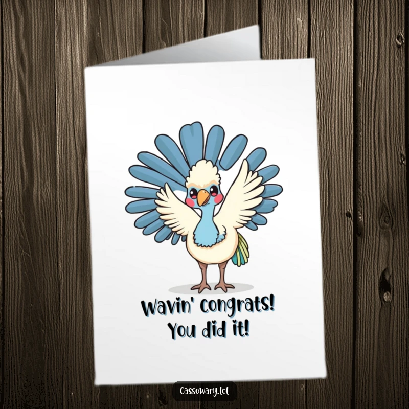 Funny Free Printable Congratulations Card: a kawaii cassowary waves its wing, celebrating your fantastic achievement.