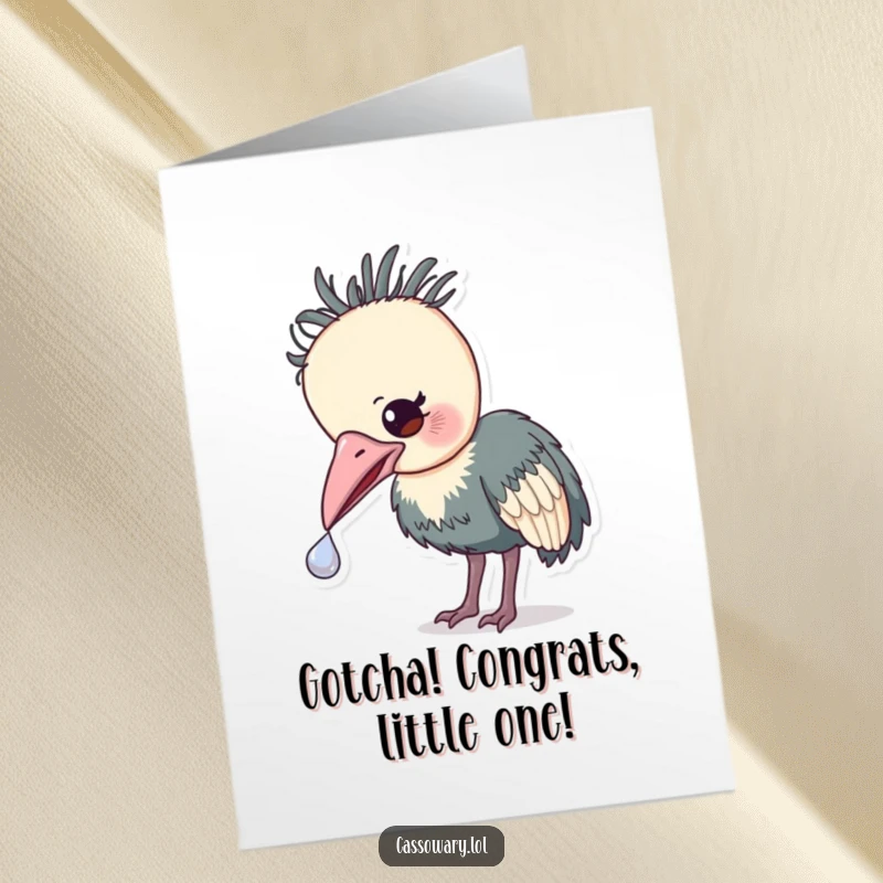 Funny Free Printable Cassowary Congratulations Card, nudging a small shiny object, celebrating a win, unique DIY.